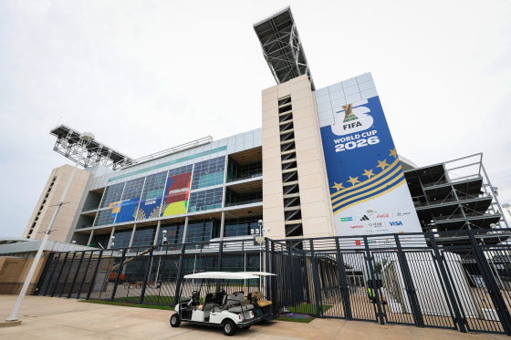 The exterior of NRG Stadium with World Cup signage