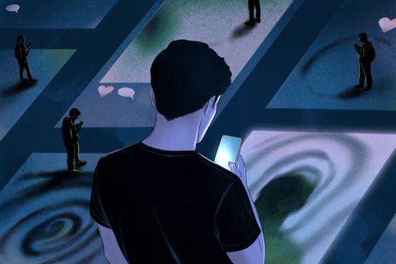 Illustration of a male figure scrolling on a phone, near other shadow-y figures and phone screens.