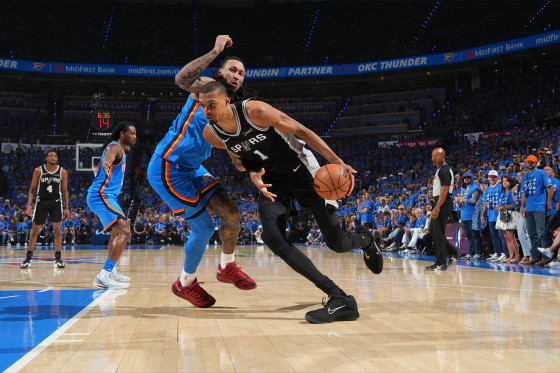 Victor Wembanyama #1 of the San Antonio Spurs dribbles the ball during the game against the Oklahoma City Thunder during Game Seven of the NBA Western Conference Finals on May 30, 2026 at Paycom Center in Oklahoma City, Oklahoma. 