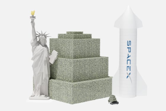 A three-dimensional rendering of the Statue of Liberty, $1.77 trillion in stacked hundred dollar bills, a SpaceX rocket and other comparable items.
