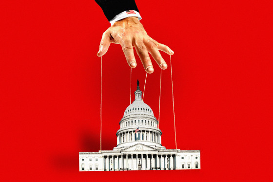 Photo illustration of a hand holding puppet strings above U.S. Capitol