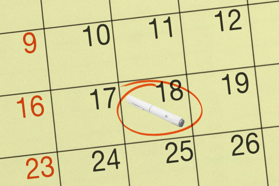 Illustration of a calendar, with an image of an injectable GLP-1, with a red circle around it.