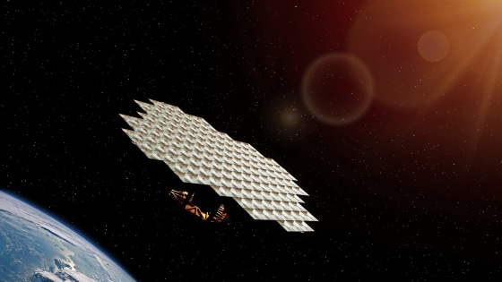 A rendering of a Star Catcher spacecraft using lenses to collect and concentrate sunlight in orbit. A refined beam would then be transmitted to client satellites.
