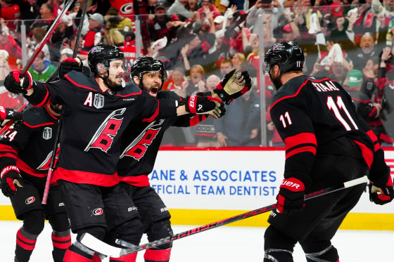 Jordan Staal #11 of the Carolina Hurricanes celebrates his goal with teammates during the third period of Game Two of the Stanley Cup Final between the Vegas Golden Knights and the Carolina Hurricanes at Lenovo Center on June 04, 2026 in Raleigh, North Carolina.