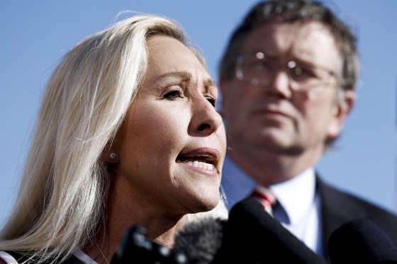 Rep. Marjorie Taylor Greene (R-GA) speaks at a news conference alongside Rep. Thomas Massie (R-KY) at the U.S. Capitol Building on May 01, 2024 in Washington, DC.