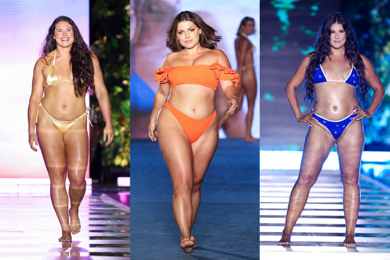 Ilona Maher, Ella Halikas and Remi Bader walking in Sports Illustrated Swimsuit Runway Show.