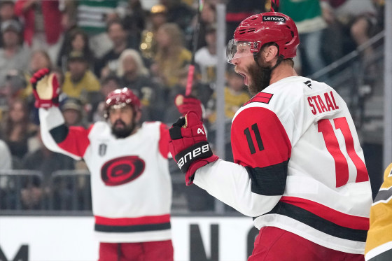 Carolina Hurricanes center Jordan Staal, right, celebrates his goal during the first period in Game 4 of the NHL hockey Stanley Cup Final series against the Vegas Golden Knights, Tuesday, June 9, 2026, in Las Vegas. 