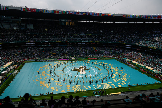 Artists perform during the opening ceremony of the World Cup in Mexico City on June 11, 2026. 