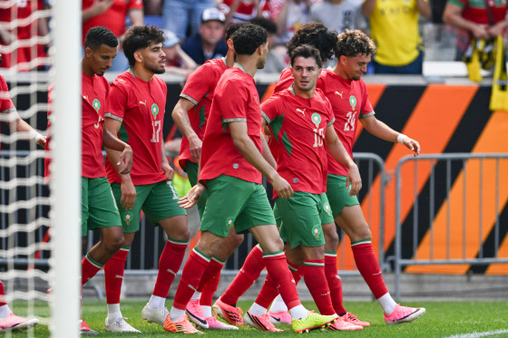 Morocco players celebrate a goal during the international friendly match between Morocco and Norway.