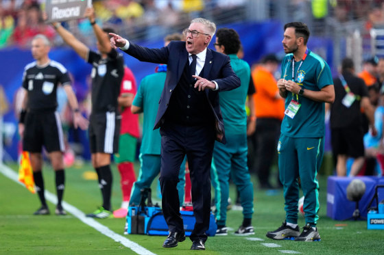 Brazil head coach Carlo Ancelotti reacts during the World Cup match between Brazil and Morocco in East Rutherford, N.J., near New York, Saturday, June 13, 2026.