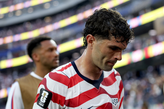 Image: Christian Pulisic of the United States walks off at the end of the first half during the FIFA World Cup 2026 Group D match between the U.S. and Paraguay at Los Angeles Stadium on June 12, 2026, in Los Angeles.