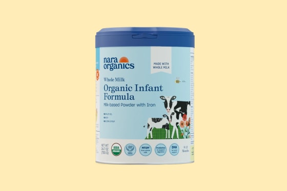 A can of Nara Organics' Organic Infant Formula on top of a light yellow background