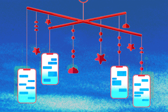 Vector Illustration of a baby mobile with phones hanging off of it.