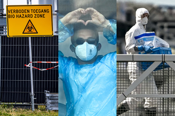 Hantavirus sign, patient, man in white hazmat suit