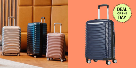 The suitcase fits in most overhead bins and has spinner wheels to make navigating airports easy.