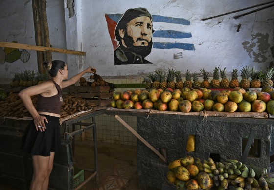 A woman shops at a farmers' market beneath a portrait of late Cuban leader Fidel Castro in Havana on June 18, 2026.