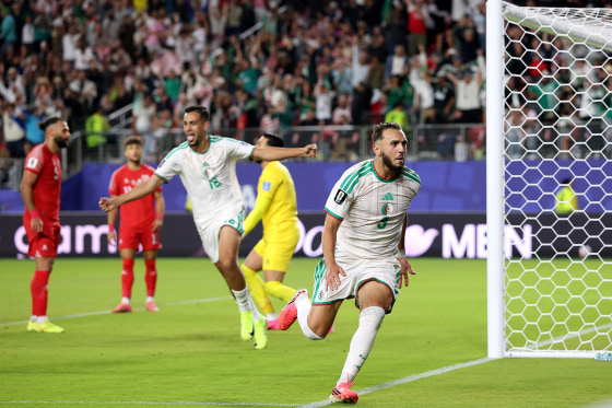 Amine Gouiri, No. 9 of Algeria, celebrates scoring his team's second goal during the World Cup 2026 Group J match between Jordan and Algeria at San Francisco Bay Area Stadium on June 22, 2026 in Santa Clara, California.