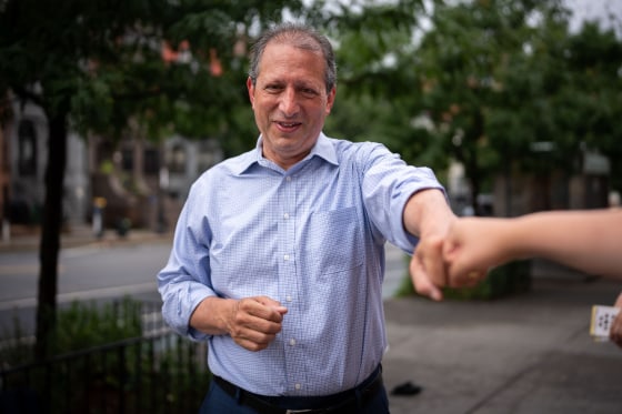 Democratic House candidate Brad Lander greets a voter in Brooklyn on Tuesday, June 23, 2026.