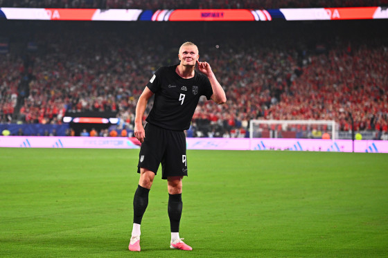 Erling Haaland of Norway celebrates after scoring his second goal to make it 3-1 in Monday's World Cup match against Senegal.