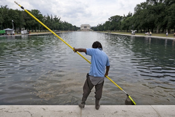 A worker cleans the waters of the Reflecting Pool in Washington on June 22, 2026.