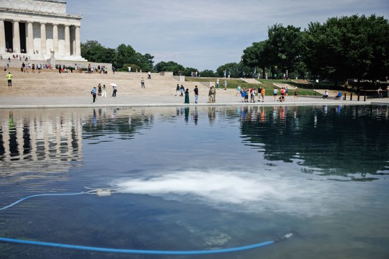 A pump and filtration system at work in the Lincoln Memorial Reflecting Pool in an attempt to remove an algae bloom on June 22, 2026 in Washington.