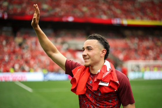 Ruben Vargas #17 of Switzerland salutes fans.