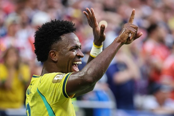 Vinicius Junior #7 of Brazil celebrates scoring his team's second goal.