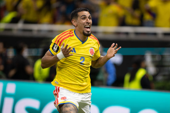 Daniel Muñoz, No. 2 of Colombia, celebrates after scoring a goal in the second half during the FIFA World Cup 2026 Group K match between Colombia and Congo DR at Guadalajara Stadium on June 23, 2026 in Zapopan, Mexico. 