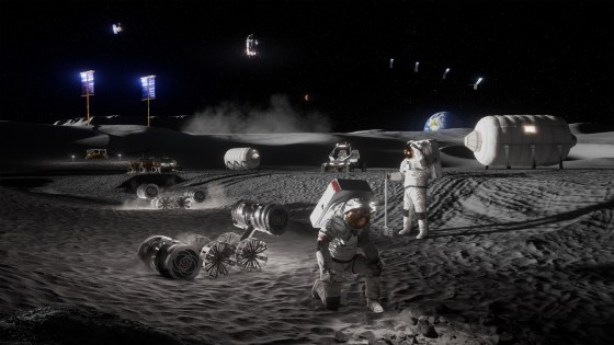 Artist’s rendering depicting astronauts, habitats, rovers, power systems, and cargo operations supporting sustained human activities at the Moon Base near the lunar South Pole.