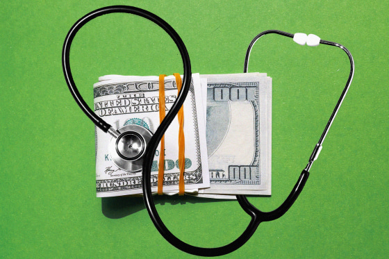 Photo illustration of stethoscope and a stack of one-hundred dollar bills 