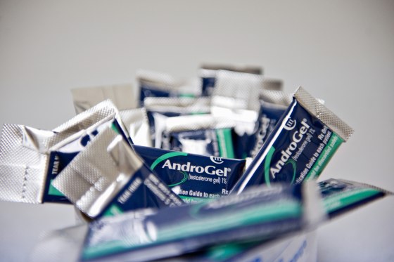 AndroGel testosterone gel is displayed for photograph at a pharmacy.