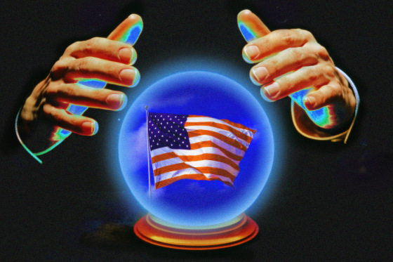 Photo illustration of hands hovering over a glowing crystal ball with an American flag inside.