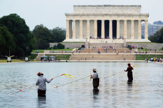 Blue Paint Begins To Peel Off Lincoln Memorial Reflecting Pool