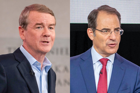 A split composite of Michael Bennet and Phil Weiser.