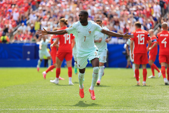 Ousmane Dembele of France celebrates after scoring a goal during the Norway v France game.