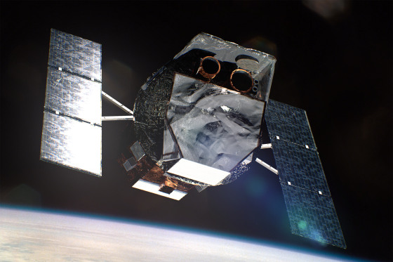 A digital illustration of a satellite in outer space.