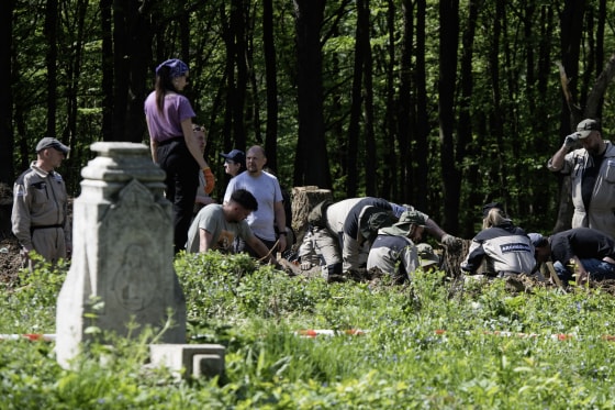 Polish archaeologists work at the exhumation site of the World War II Volhynia massacre 