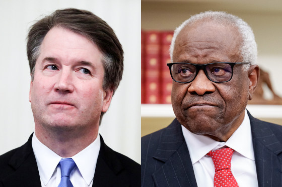 A split composite image of Brett Kavanaugh, left, Clarence Thomas