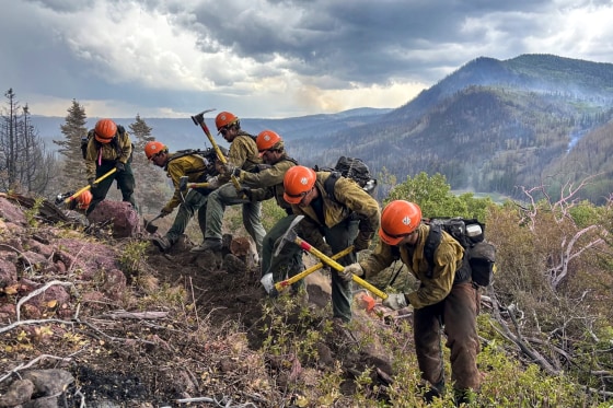 Los Padres Interagency Hotshot Crew construct a direct fireline on the southwest portion of the Cottonwood fire above Birch Lake in Utah on June 26, 2026.