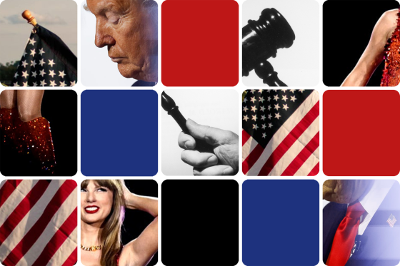 Grid of obscured images featuring Donald Trump, Taylor Swift, and a gavel