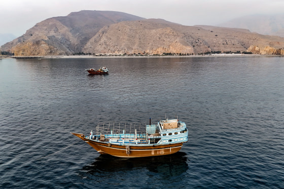 Boats anchored off Oman's northern Musandam Peninsula near the Strait of Hormuz