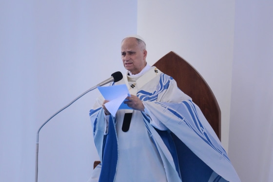 Pope Leo XIV speaks as he celebrates Mass during a one-day visit to Lampedusa island, south of Sicily, on July 4.