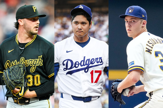 A split composite image of Paul Skenes, left, Shohei Ohtani, and Jacob Misiorowski