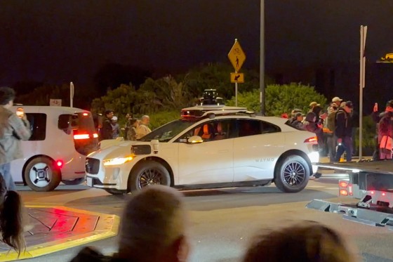 A Waymo car on a street after several of the vehicles had to be towed away when their batteries became drained during standstill traffic amid Fourth of July celebrations in San Francisco on Saturday. 