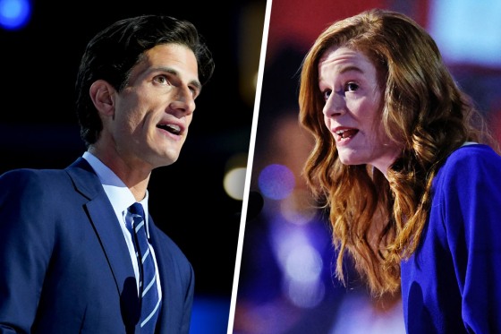 Jack Schlossberg and Michigan State Senator Mallory McMorrow speak at the Democratic National Convention in 2024.