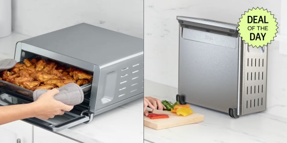 Ninja’s air fryer toaster oven comes with a fryer basket and sheet pan.