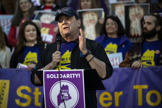 Maine gubernatorial candidate Troy Jackson speaks at a May Day rally in Portland.