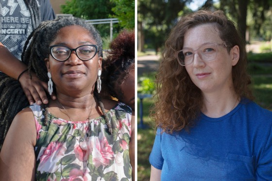A split composite image of Schmeeka Simpson, left, and Molly Mayhew, both seated outside