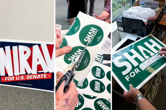 A set of three images shows, left, the name "Nirav" written in tape on a poster, scissors cutting into Shah for governor stickers, and "Senate" being written on a sign for Shah