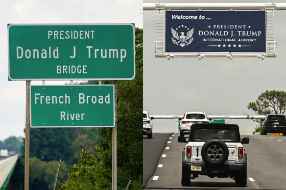 A diptych image showing two roadsigns bearing Donald Trump's name.